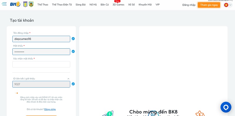 Quy trình đăng ký tài khoản tại BK8