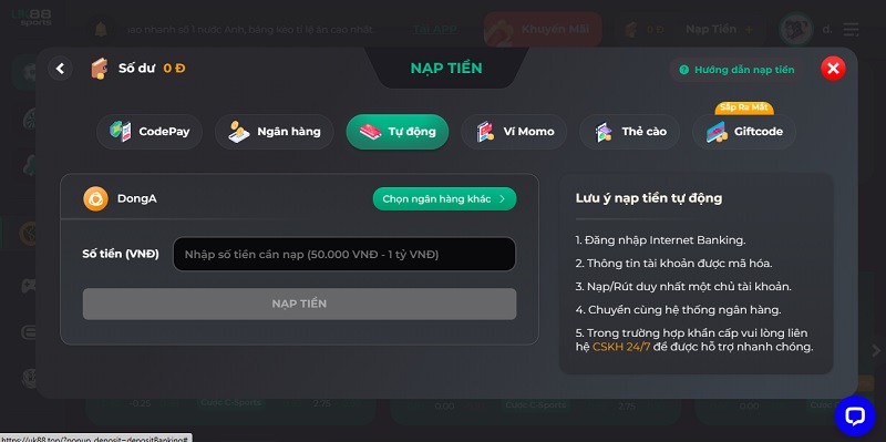 Nạp tiền tự động tại nhà cái UK88 - Cách thực hiện đơn giản